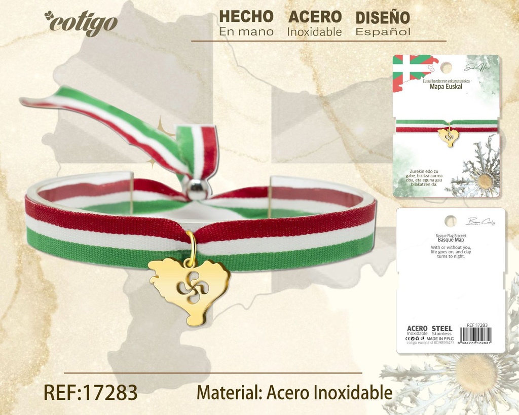 Pulsera bandera Euskal con mapa Euskal de acero dorado - Joyería vasca