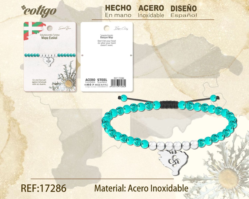 Pulsera turquesa con mapa Euskal de acero plateado - Joyería vasca