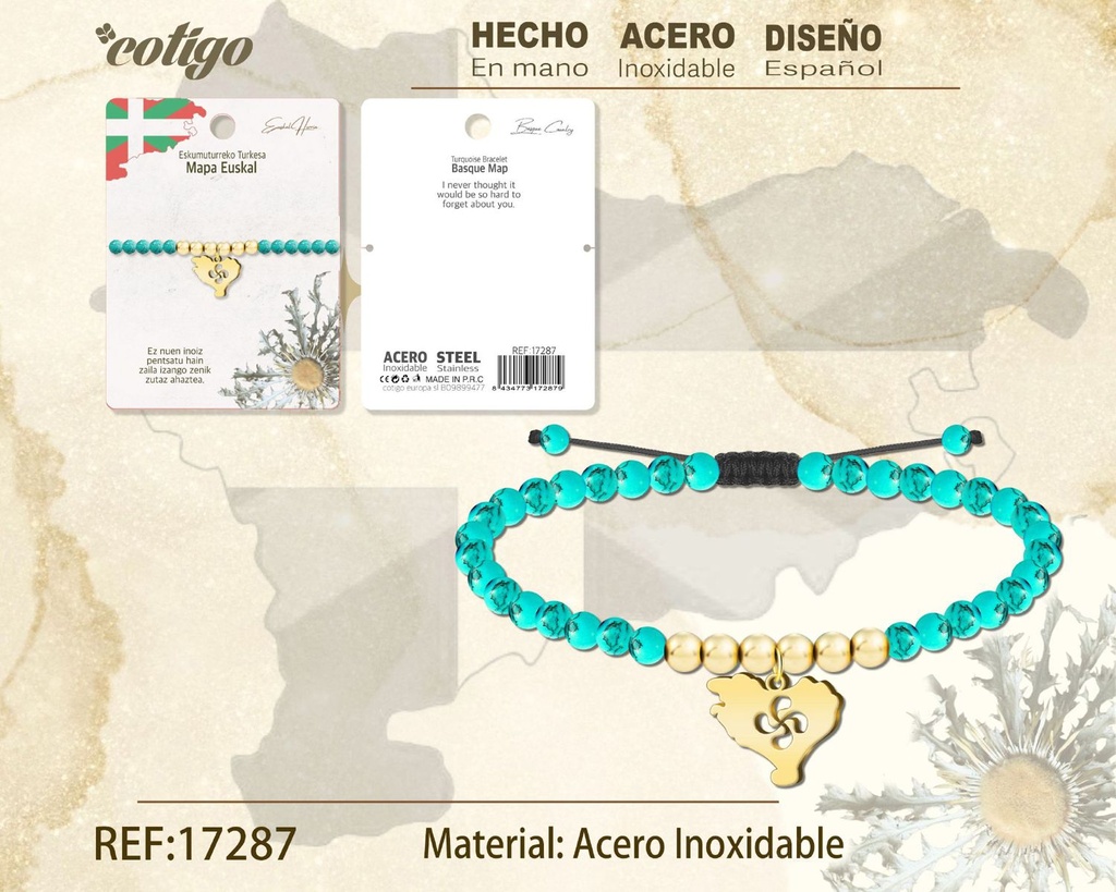 Pulsera turquesa con mapa Euskal de acero dorado - Joyería vasca