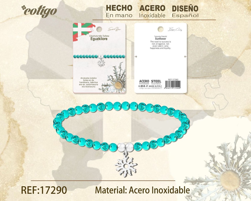 Pulsera turquesa con Eguzkilore de acero plateado - Joyería vasca