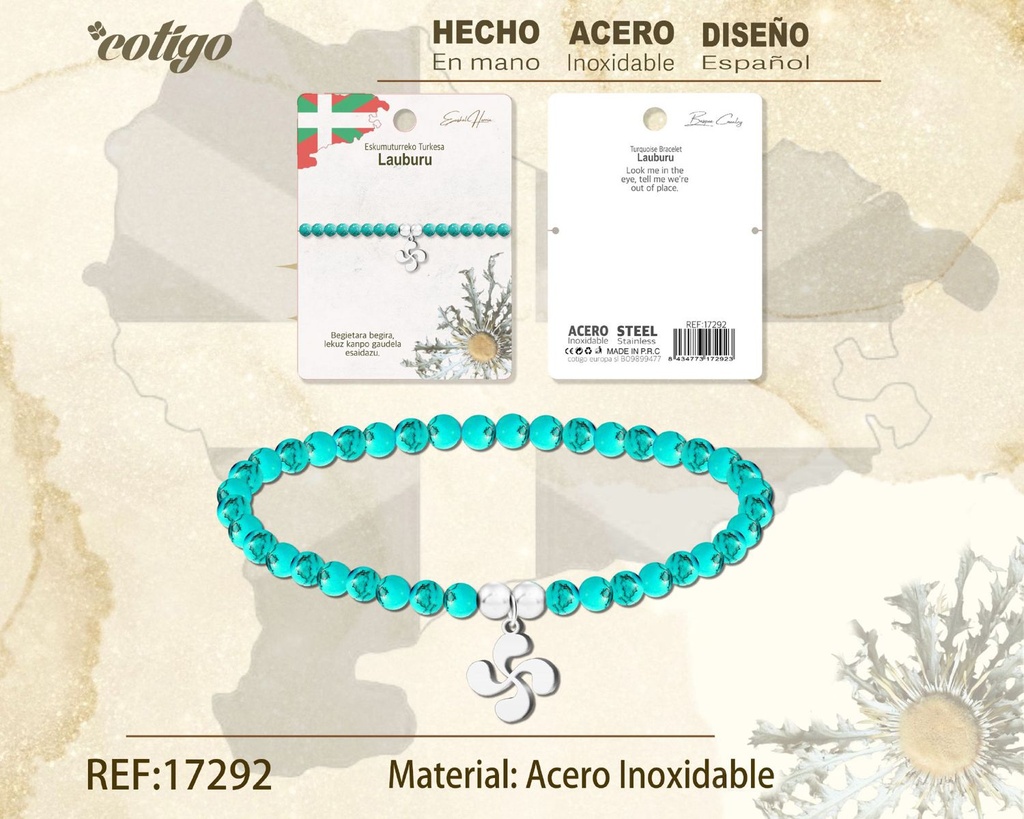 Pulsera turquesa con Lauburu de acero plateado - Joyería vasca