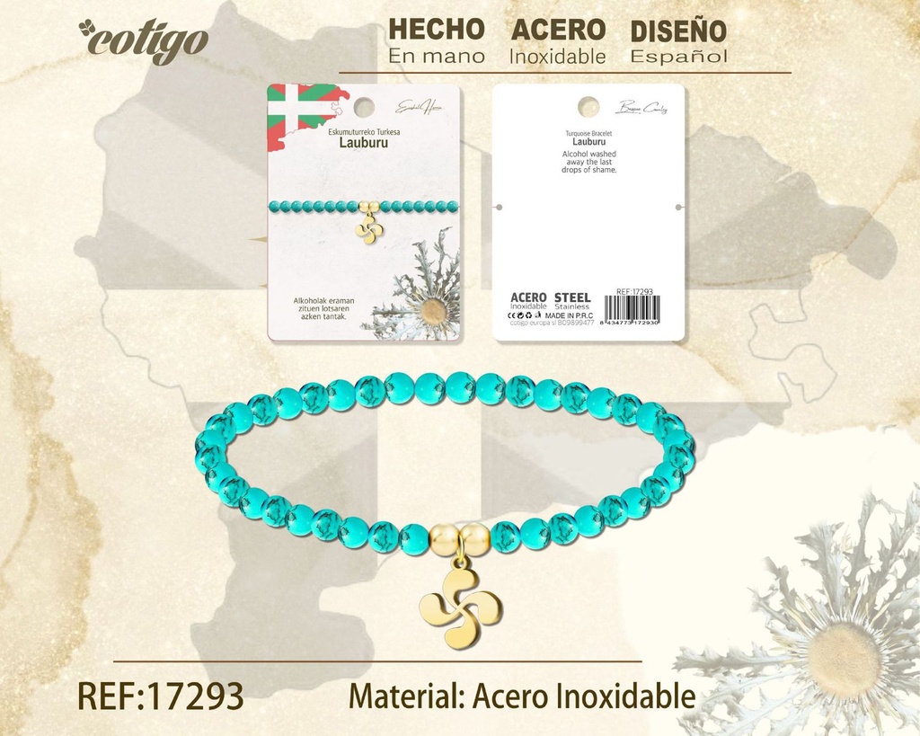 Pulsera turquesa con Lauburu de acero dorado - Joyería vasca