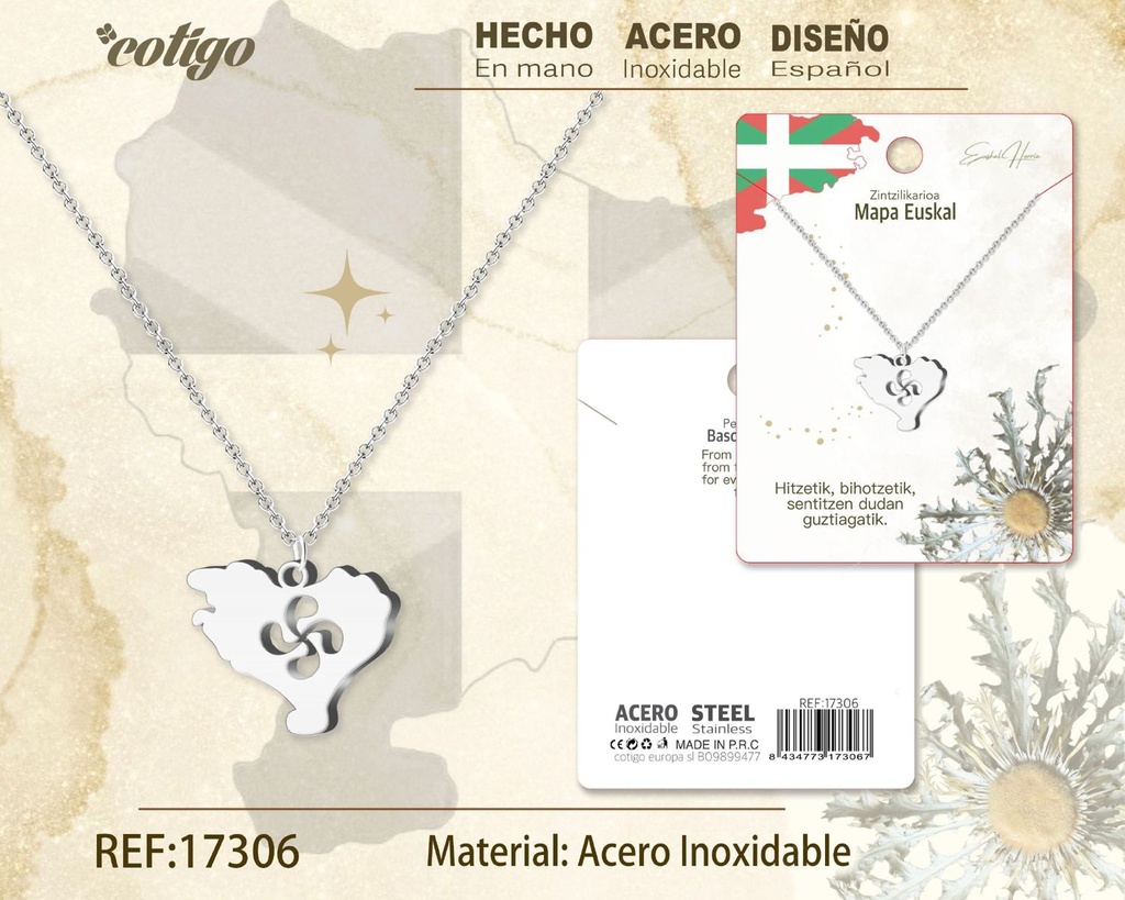 Collar mapa Euskal de acero plateado - Joyería vasca