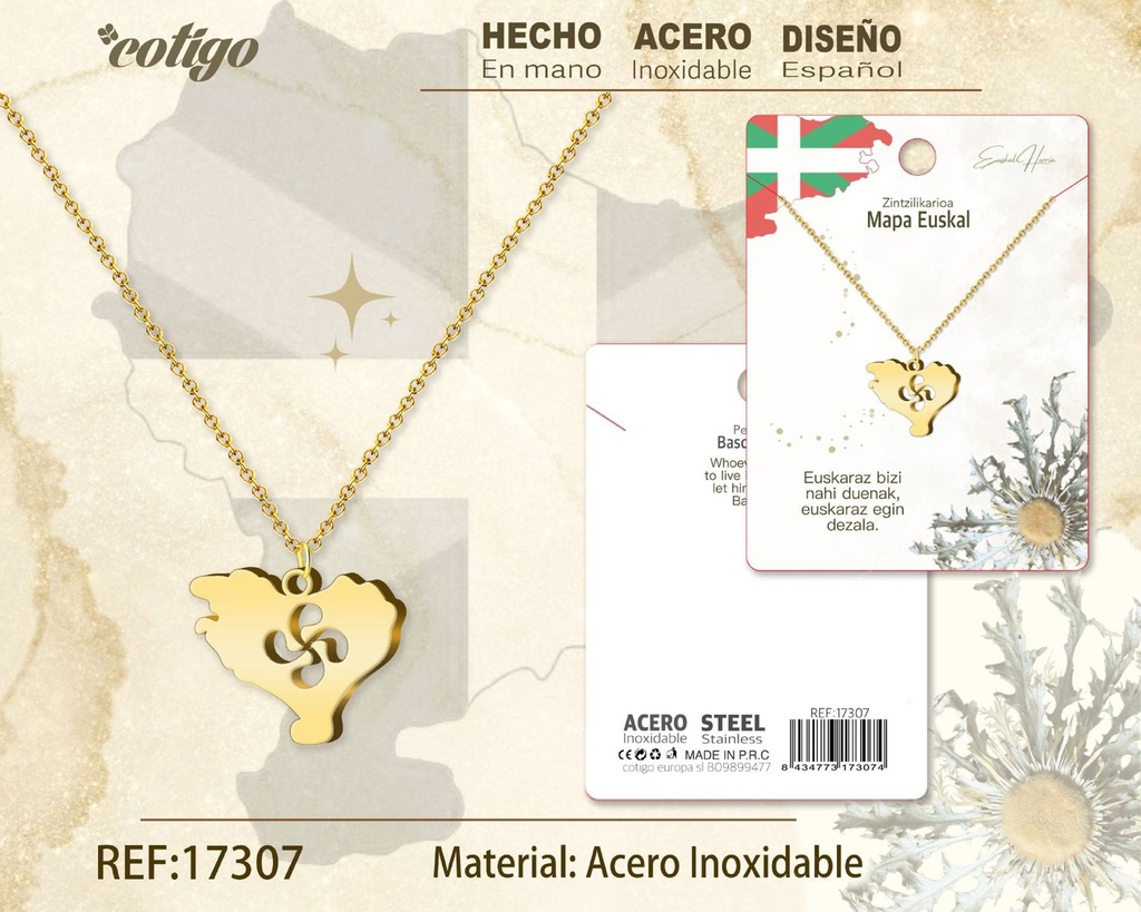 Collar mapa Euskal de acero dorado - Joyería vasca