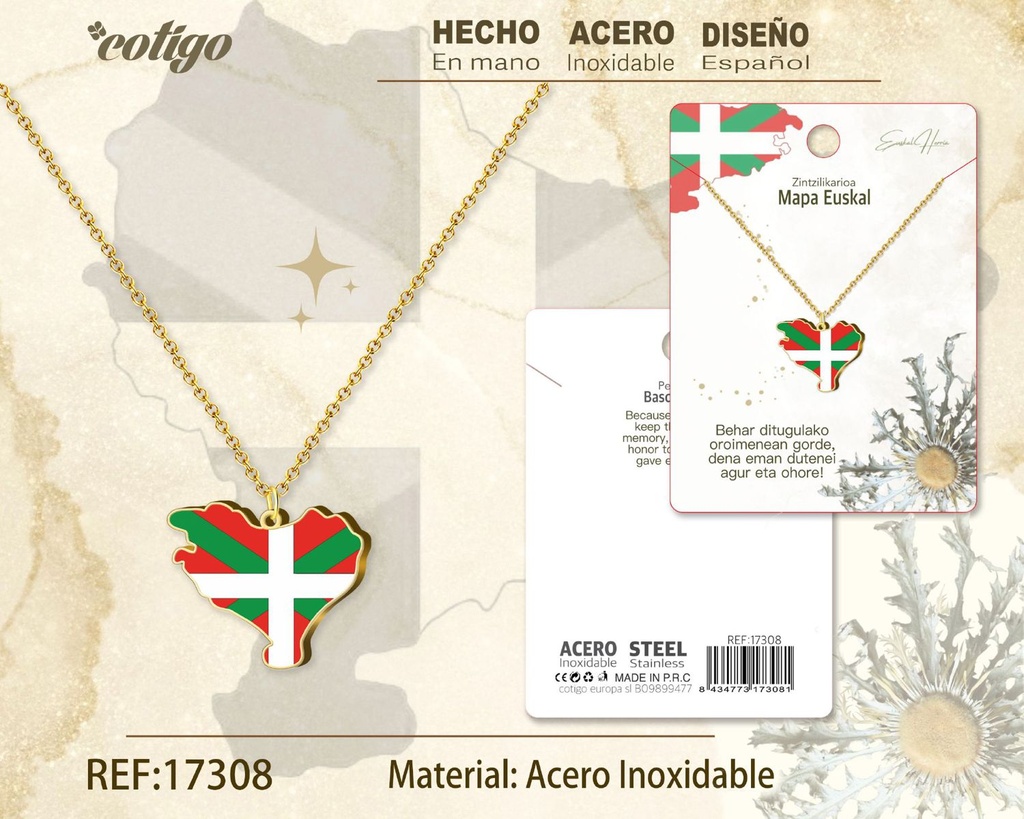 Collar mapa Euskal de acero dorado - Joyería vasca