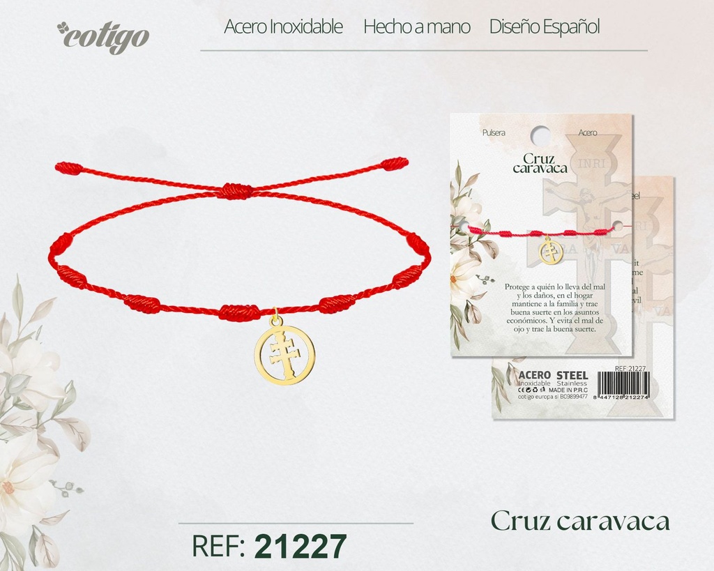 Pulsera de 7 nudos con cruz de Caravaca de acero dorado - Joyería religiosa