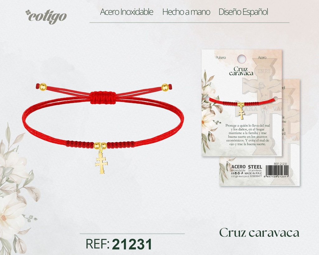 Pulsera hilo encerado con cruz de Caravaca de acero dorado - Joyería religiosa