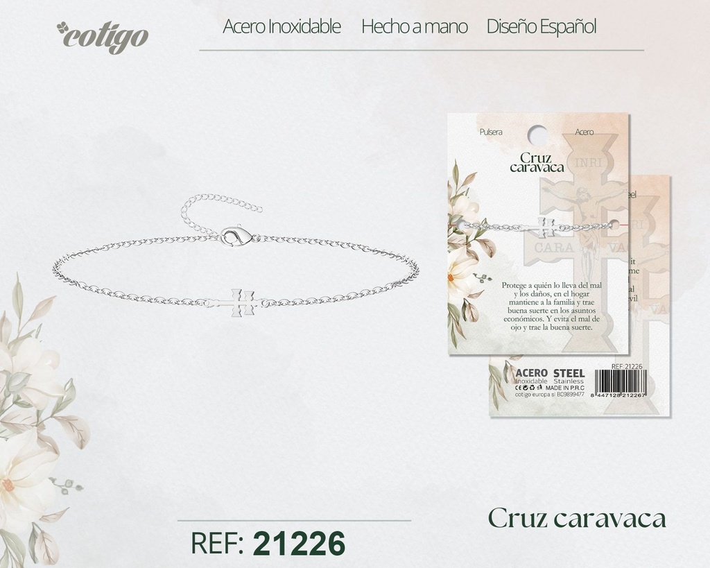 Pulsera cruz de Caravaca de acero plateado - Joyería religiosa