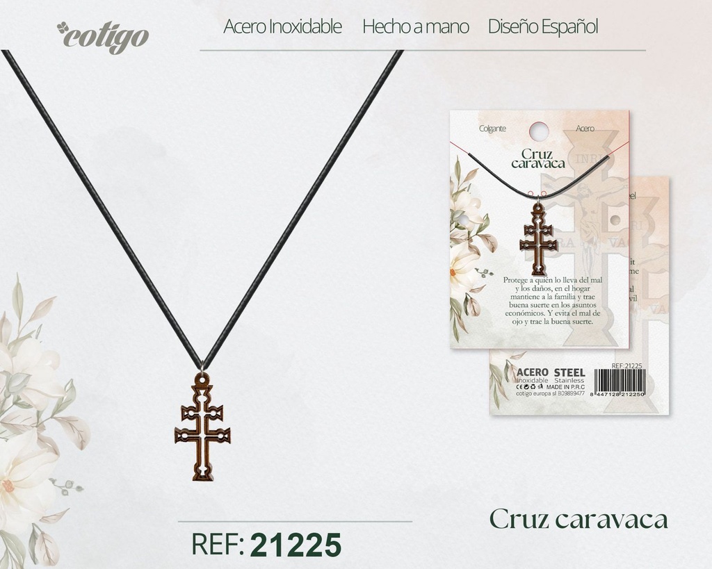 Colgante cruz de Caravaca de madera con accesorio de acero - Joyería religiosa