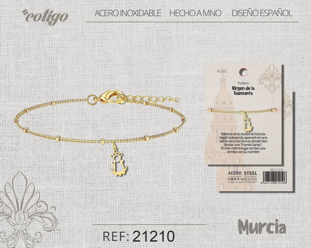 Pulsera Virgen de la Fuensanta de acero dorado - Joyería religiosa