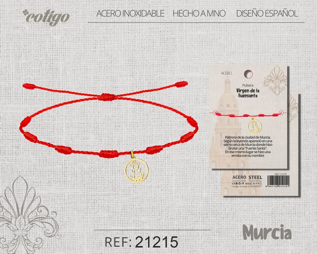 Pulsera de 7 nudos con Virgen de la Fuensanta de acero dorado - Joyería religiosa