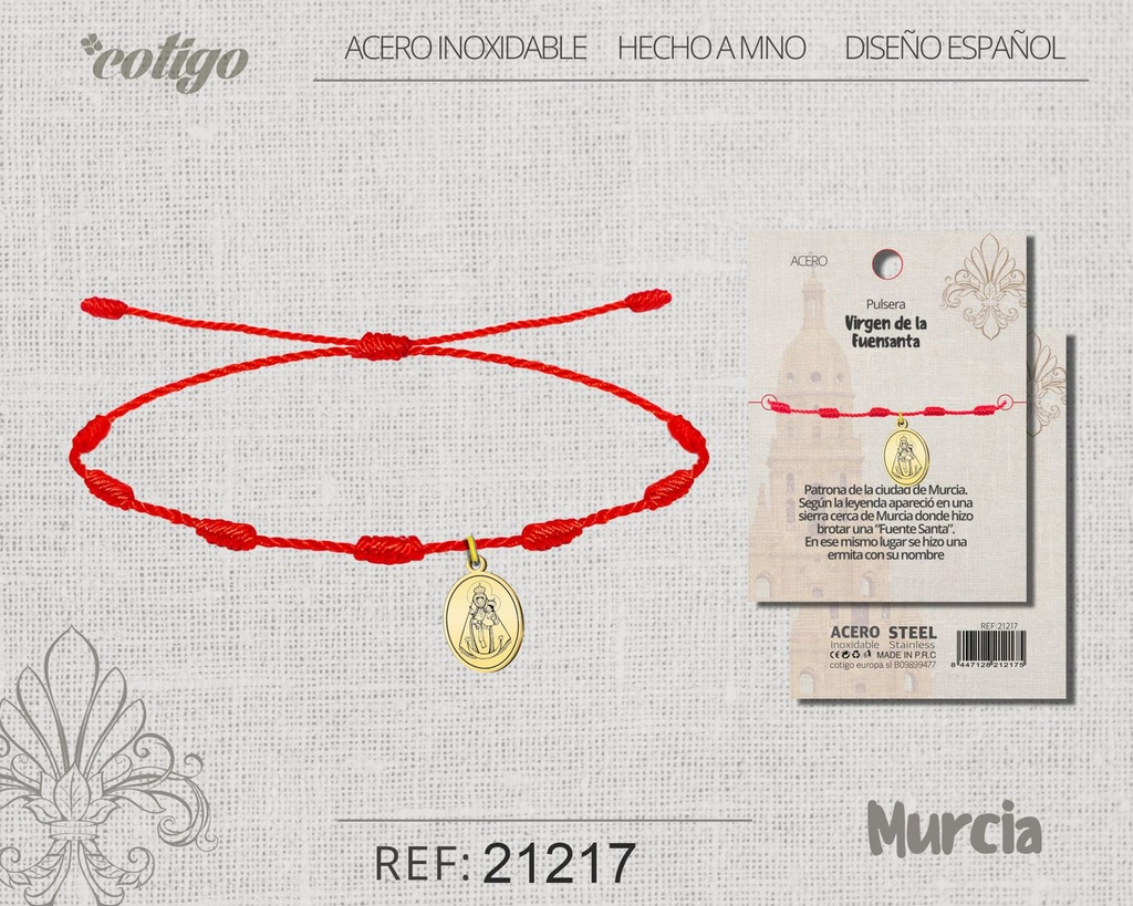 Pulsera de 7 nudos con Virgen de la Fuensanta de acero dorado - Joyería religiosa