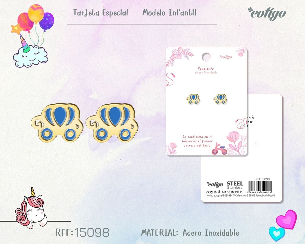 Pendiente para niña de acero color dorado - Joyería infantil