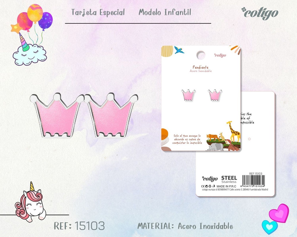 Pendiente para niña de acero color plateado - Joyería infantil