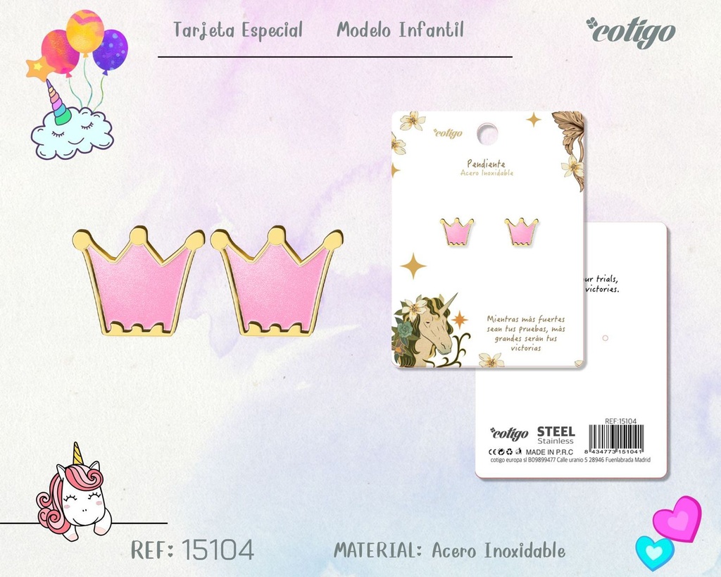 Pendiente para niña de acero color dorado - Joyería infantil