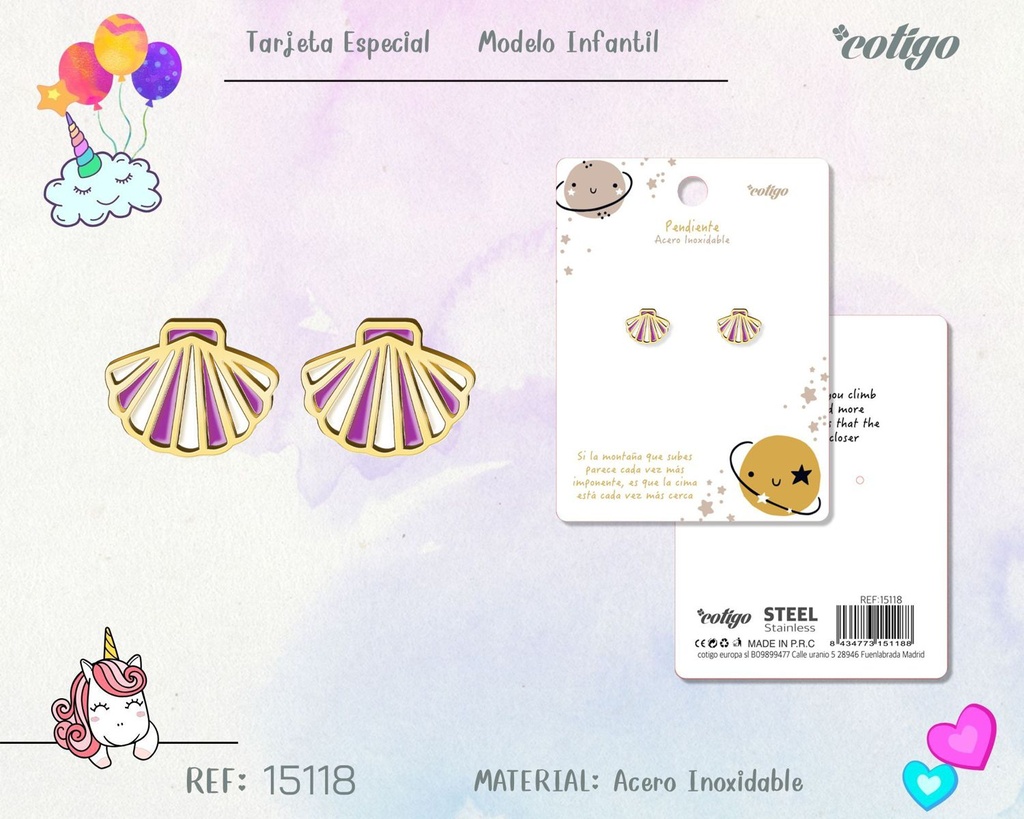 Pendiente para niña de acero color dorado - Joyería infantil