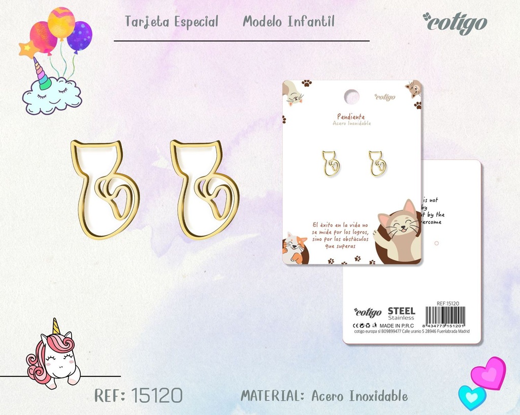 Pendiente para niña de acero color dorado - Joyería infantil