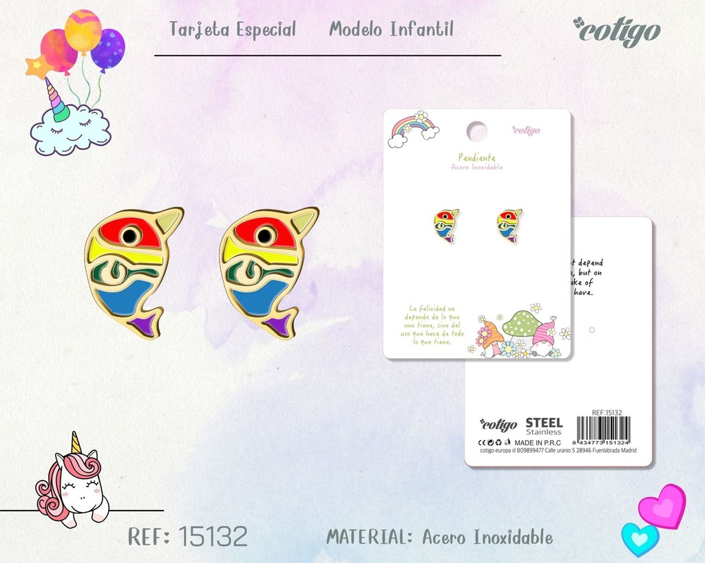 Pendiente para niña de acero color dorado - Joyería infantil