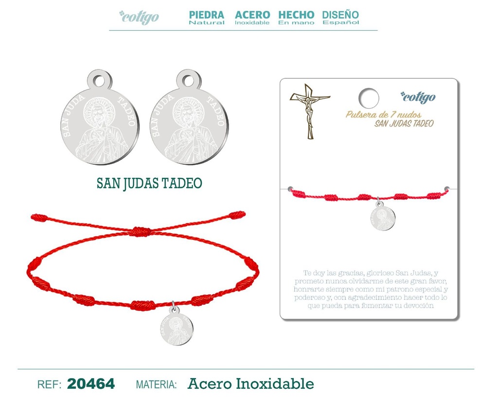 Pulsera 7 nudos con San Judas Tadeo acero plateado - Joyería religiosa