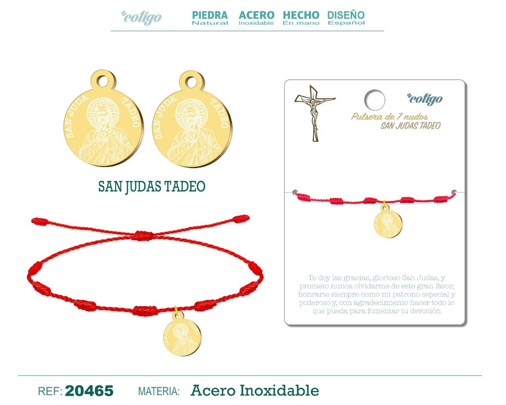 Pulsera 7 nudos con San Judas Tadeo acero dorado - Joyería religiosa