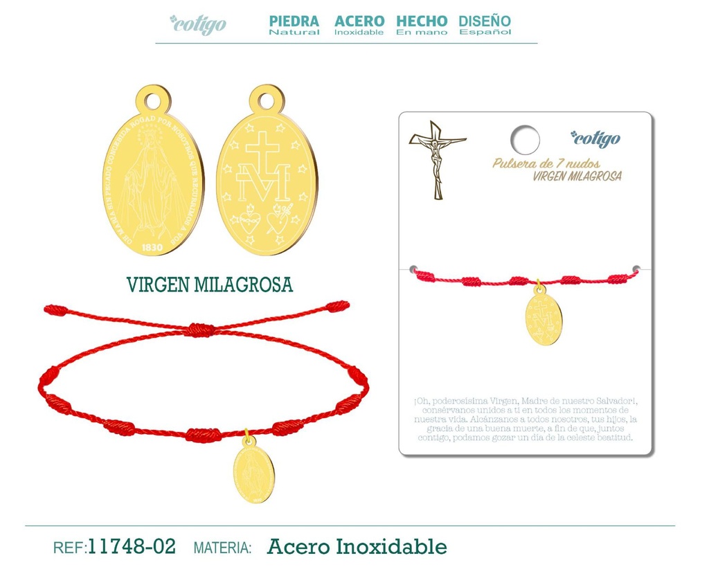 Pulsera 7 nudos con Virgen Milagrosa dorado - Joyería religiosa