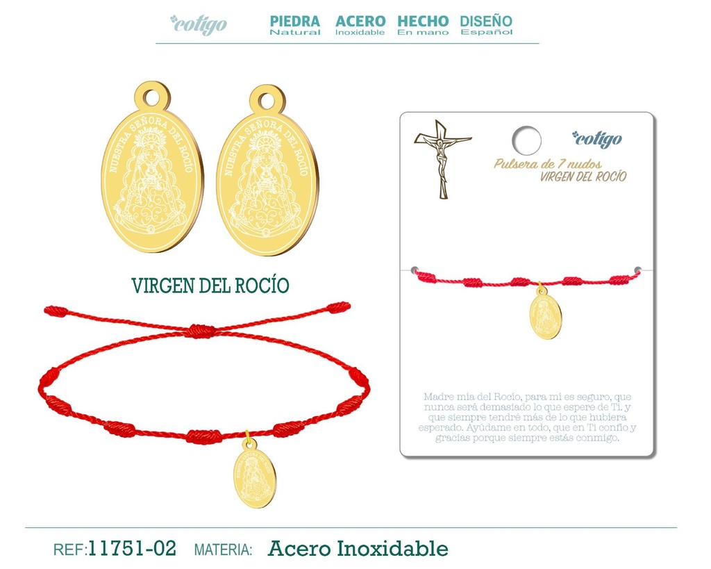 Pulsera 7 nudos con Virgen del Rocío dorado - Joyería religiosa