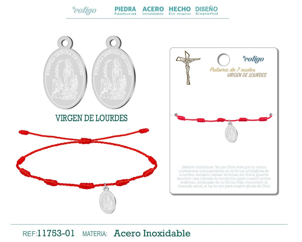 Pulsera 7 nudos con Virgen de Lourdes plateado - Joyería religiosa