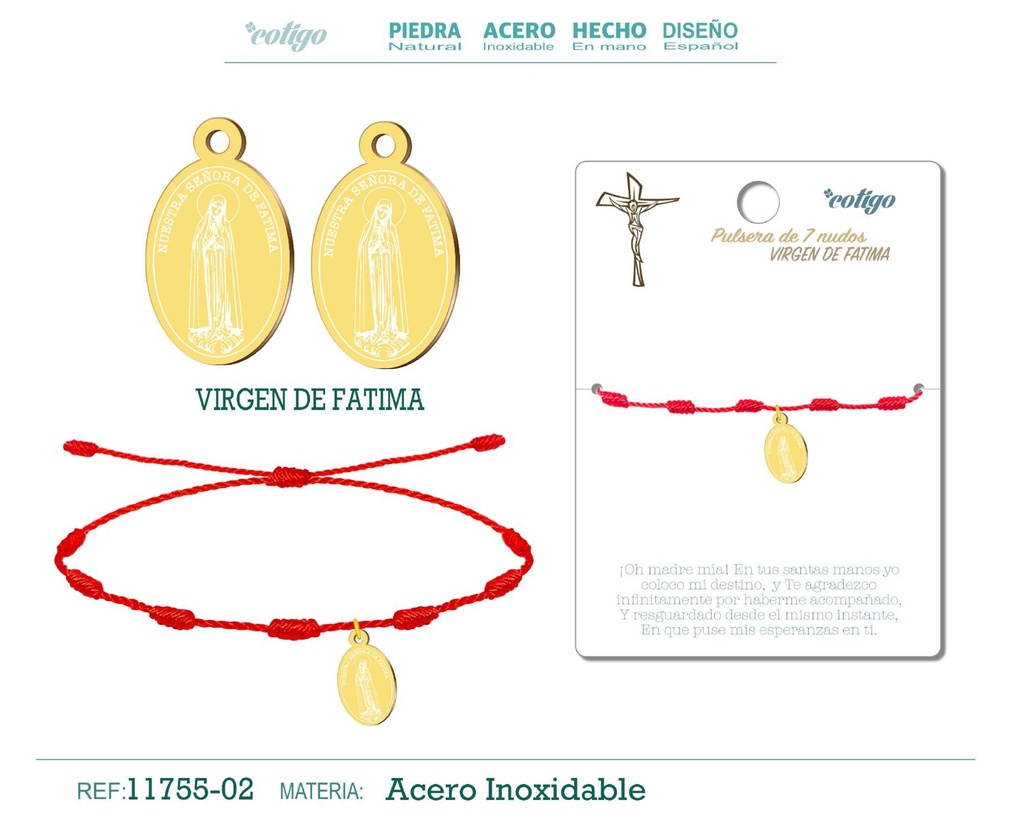 Pulsera 7 nudos con Virgen de Fátima dorado - Joyería religiosa