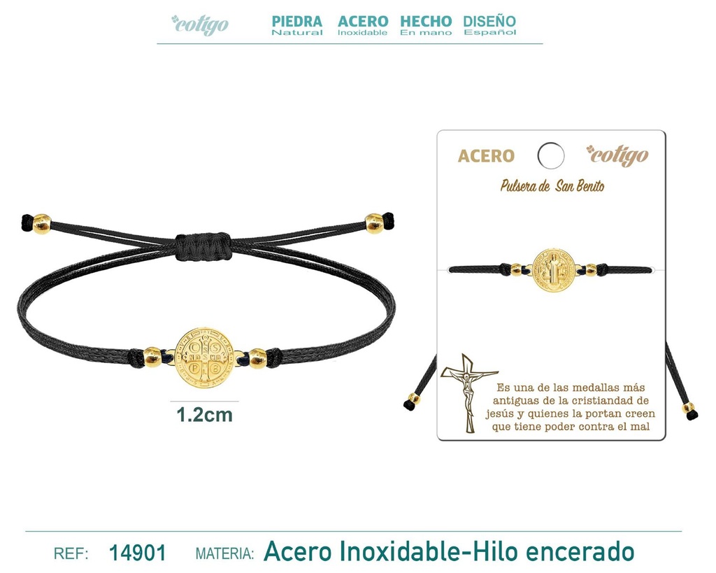 Pulsera de hilo encerado negro con San Benito dorado - Joyas de fe