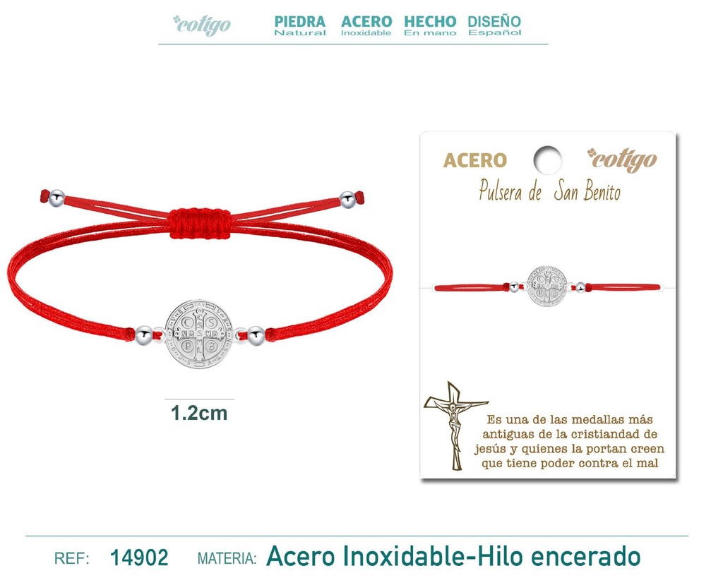 Pulsera de hilo encerado rojo con San Benito plateado - Accesorios religiosos