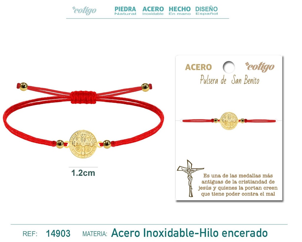 Pulsera de hilo encerado rojo con San Benito dorado - Joyas de fe