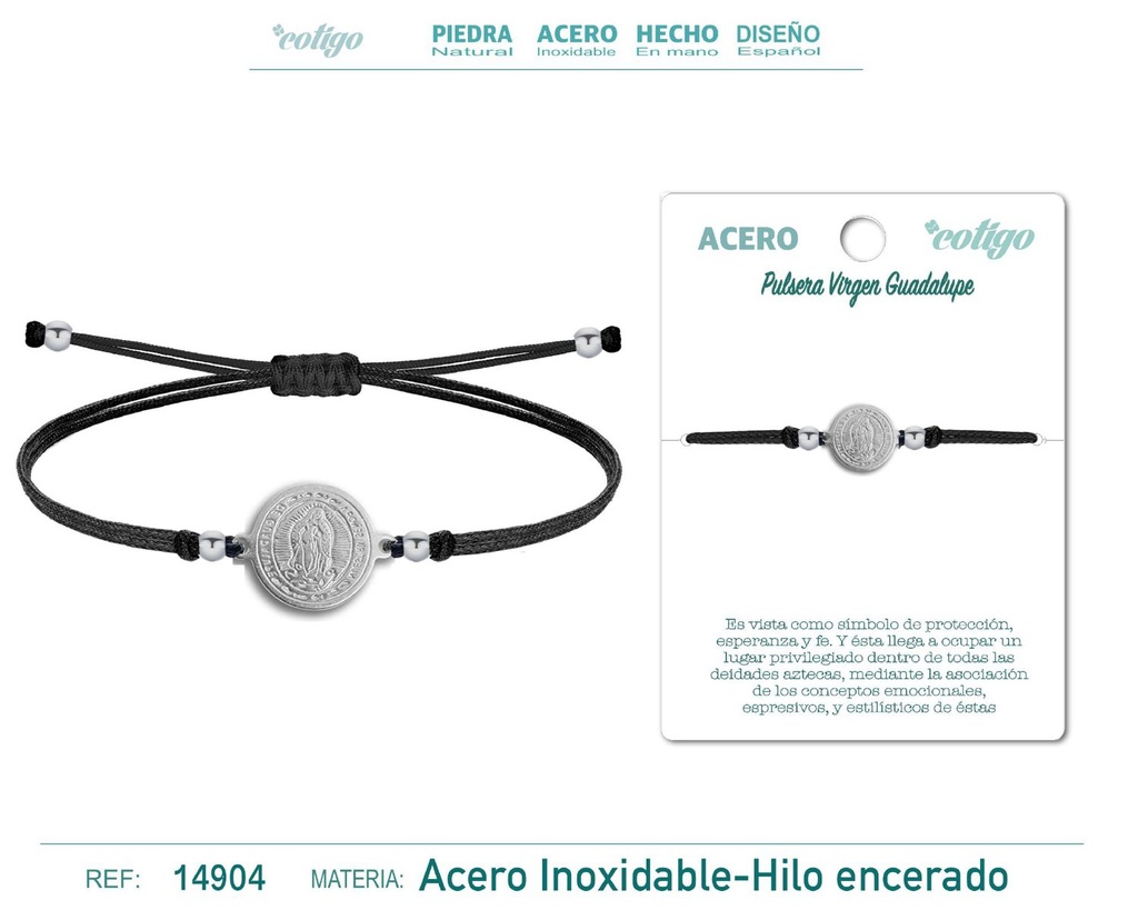 Pulsera de hilo encerado negro con la Virgen Guadalupe plateada - Accesorios espirituales