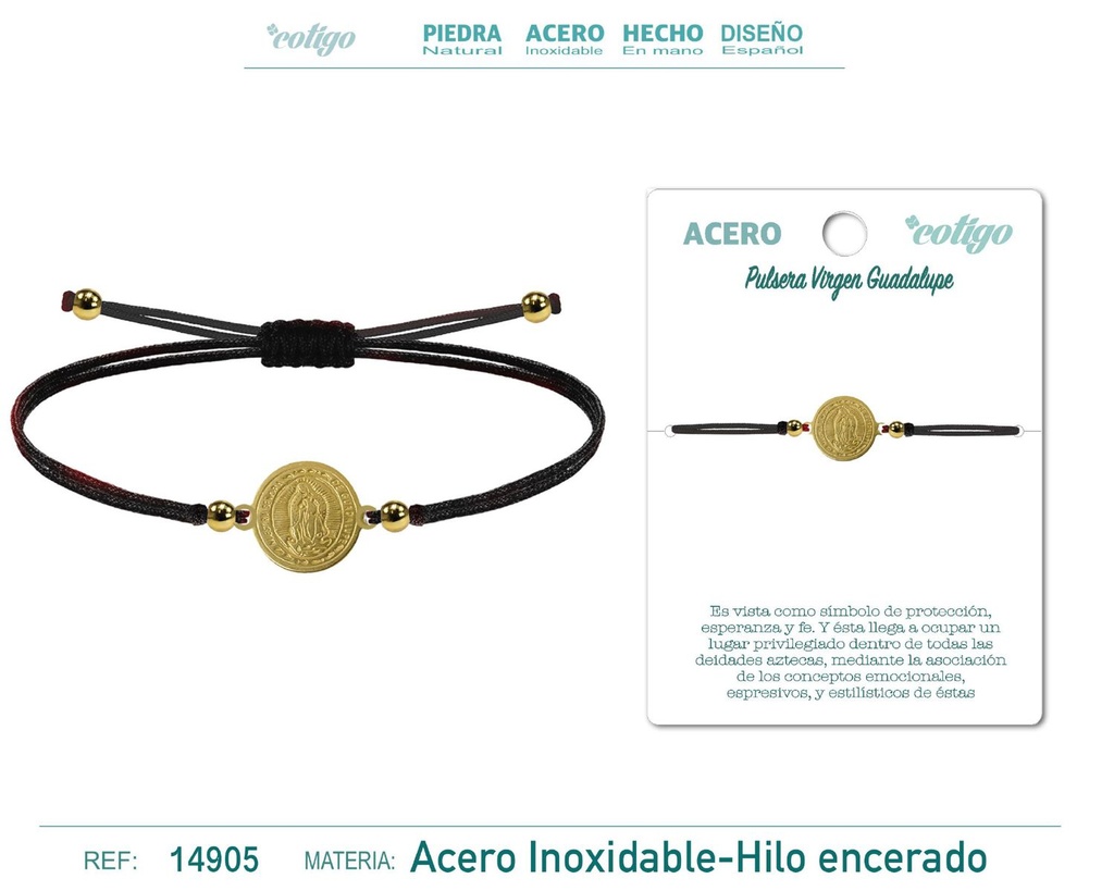 Pulsera de hilo encerado negro con la Virgen Guadalupe dorada - Joyas religiosas