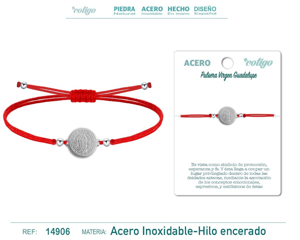 Pulsera de hilo encerado rojo con la Virgen Guadalupe plateada - Accesorios de fe