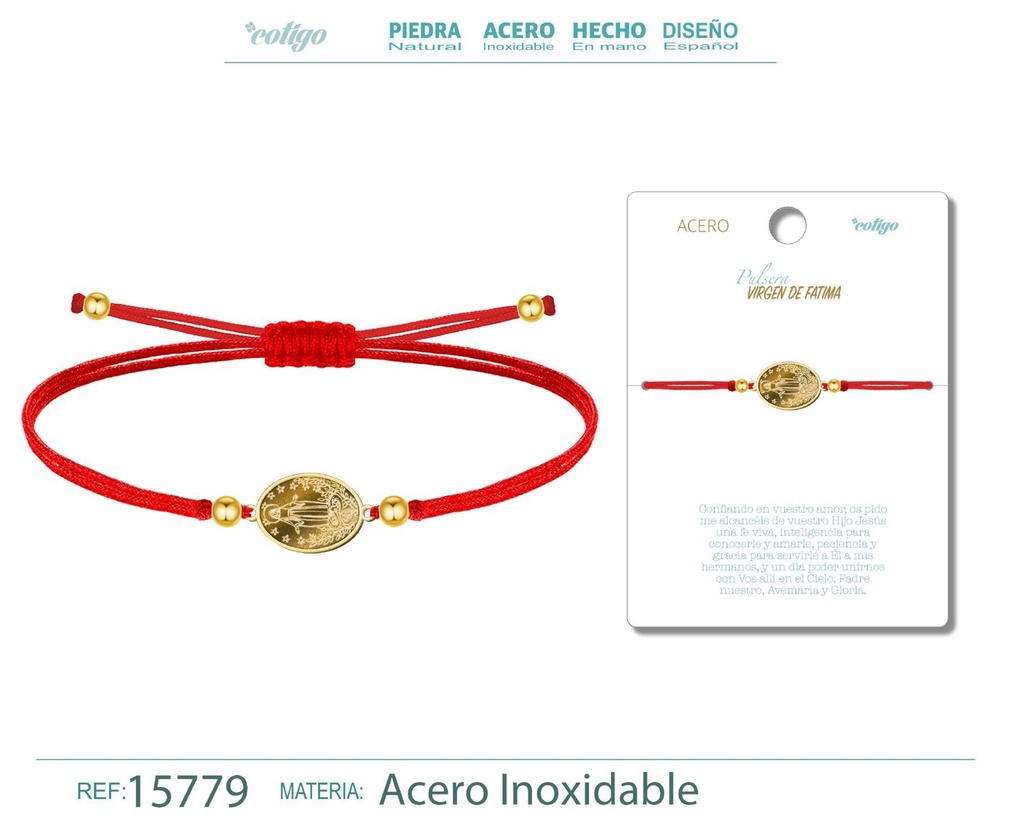 Pulsera de hilo encerado con la Virgen de Fátima dorado - Joyas religiosas