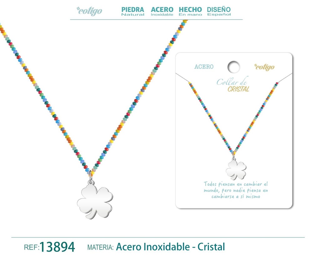 Collar de cristal con trébol de la suerte de acero - Accesorios simbólicos