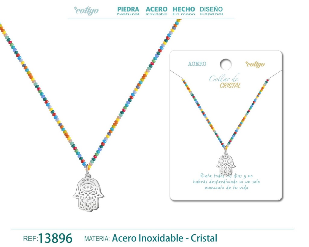 Collar de cristal con mano de Fátima de acero - Joyería protectora