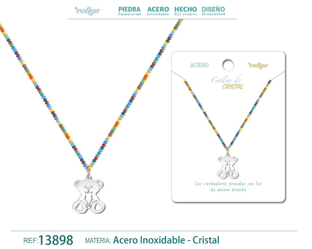 Collar de cristal con oso de acero - Joyas únicas