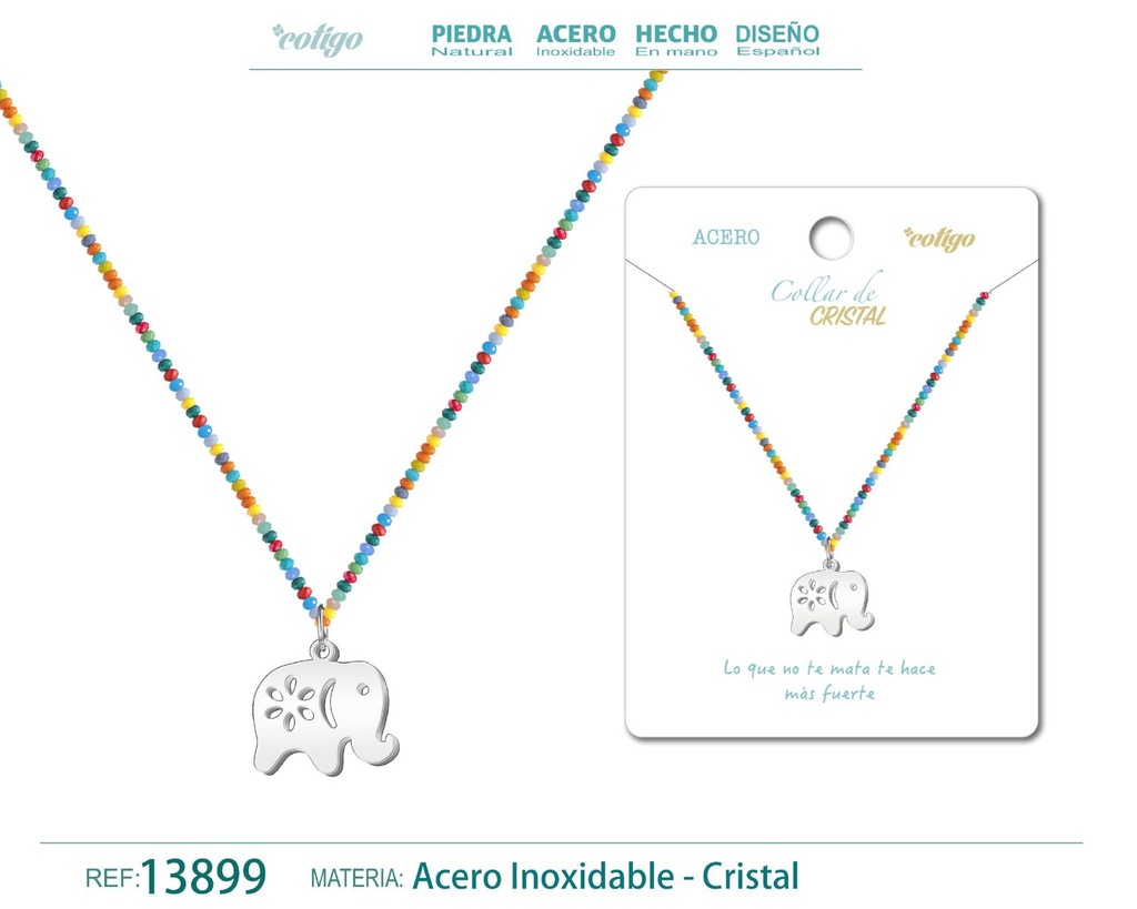 Collar de cristal con elefante de acero - Accesorios de sabiduría