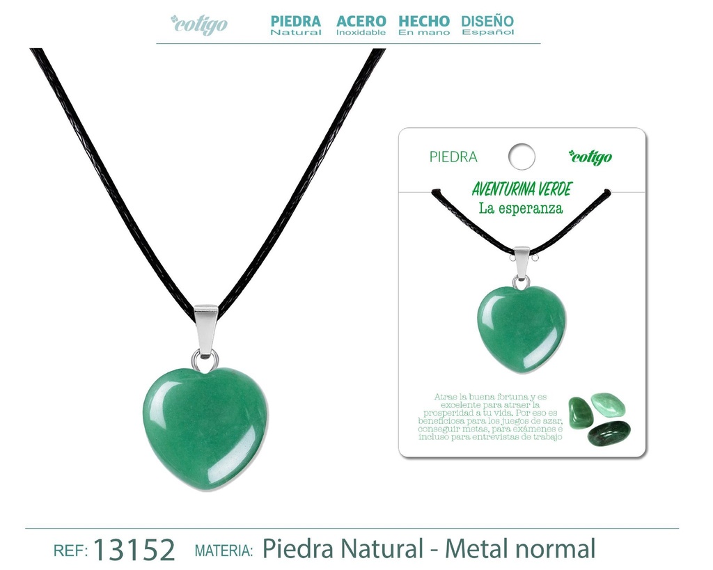 Colgante de corazón de piedra aventurina verde - Joyería de piedras naturales 