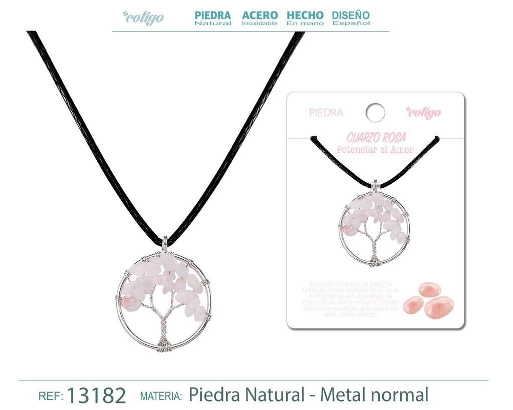 Colgante Árbol de vida de piedra de Cuarzo rosa - Joyería artesanal