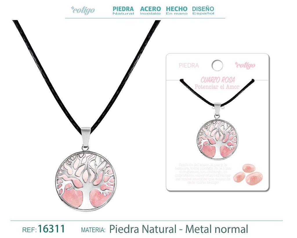 Colgante árbol de vida de piedra de Cuarzo rosa - Joyería artesanal