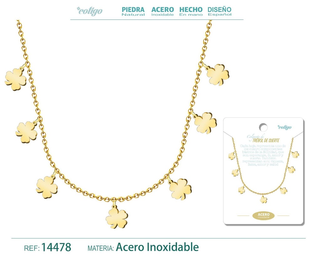 Collar dorado con 7 colgantes de trébol - Joyería de acero y simbolismo de buena suerte