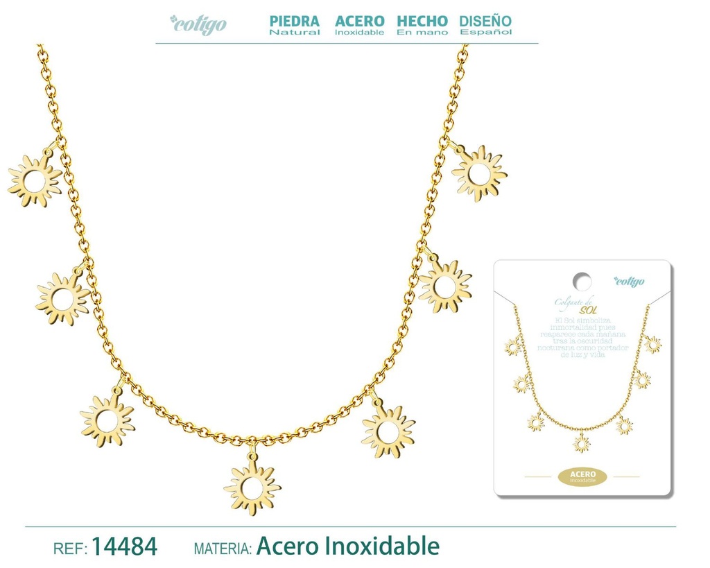 Collar dorado con 7 colgantes de sol - Joyería de acero y simbolismo positivo