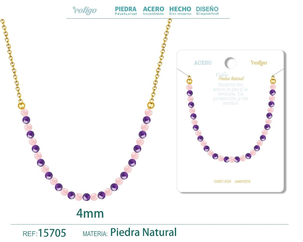 Collar de cuarzo rosa y amatista de 4 mm - Joyería de moda y collares