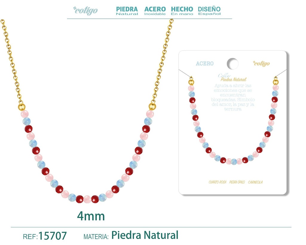 Collar de carneola, opalina y cuarzo rosa de 4 mm - Joyería de moda y collares