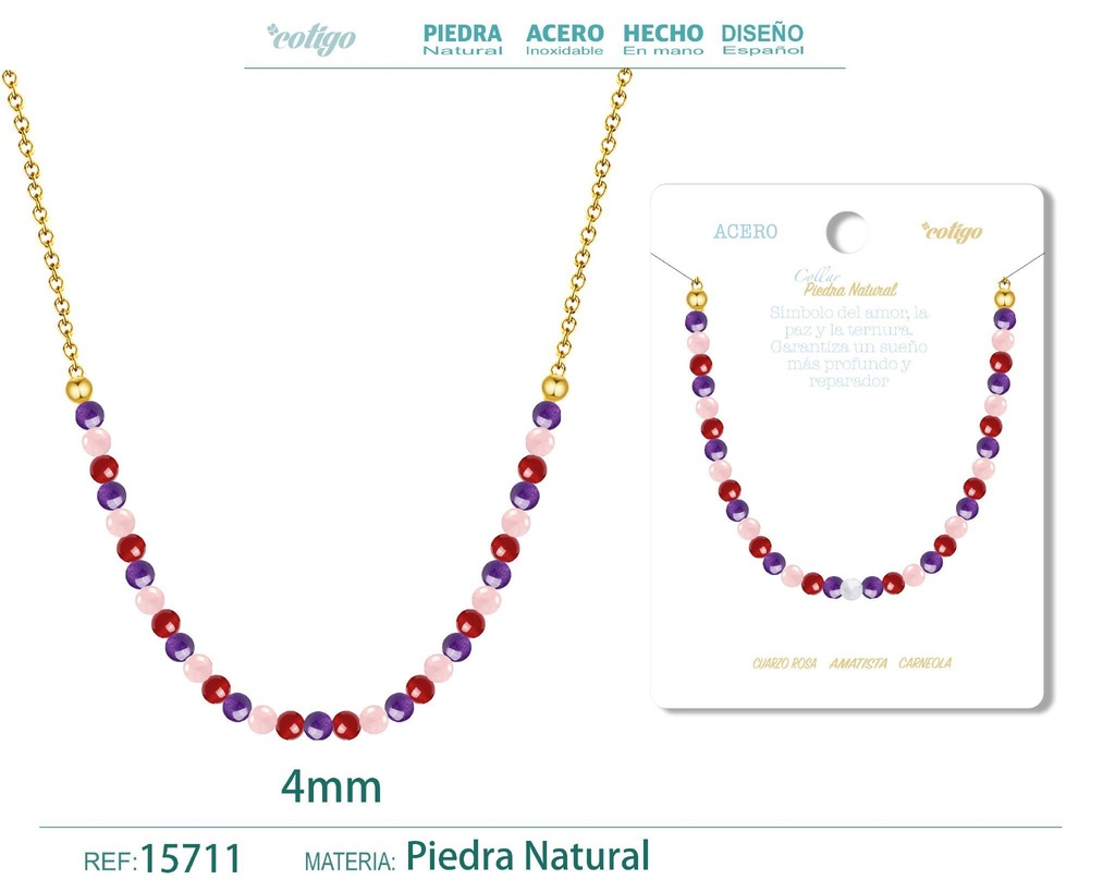 Collar de carneola, amatista y cuarzo rosa de 4 mm - Joyería de moda y collares
