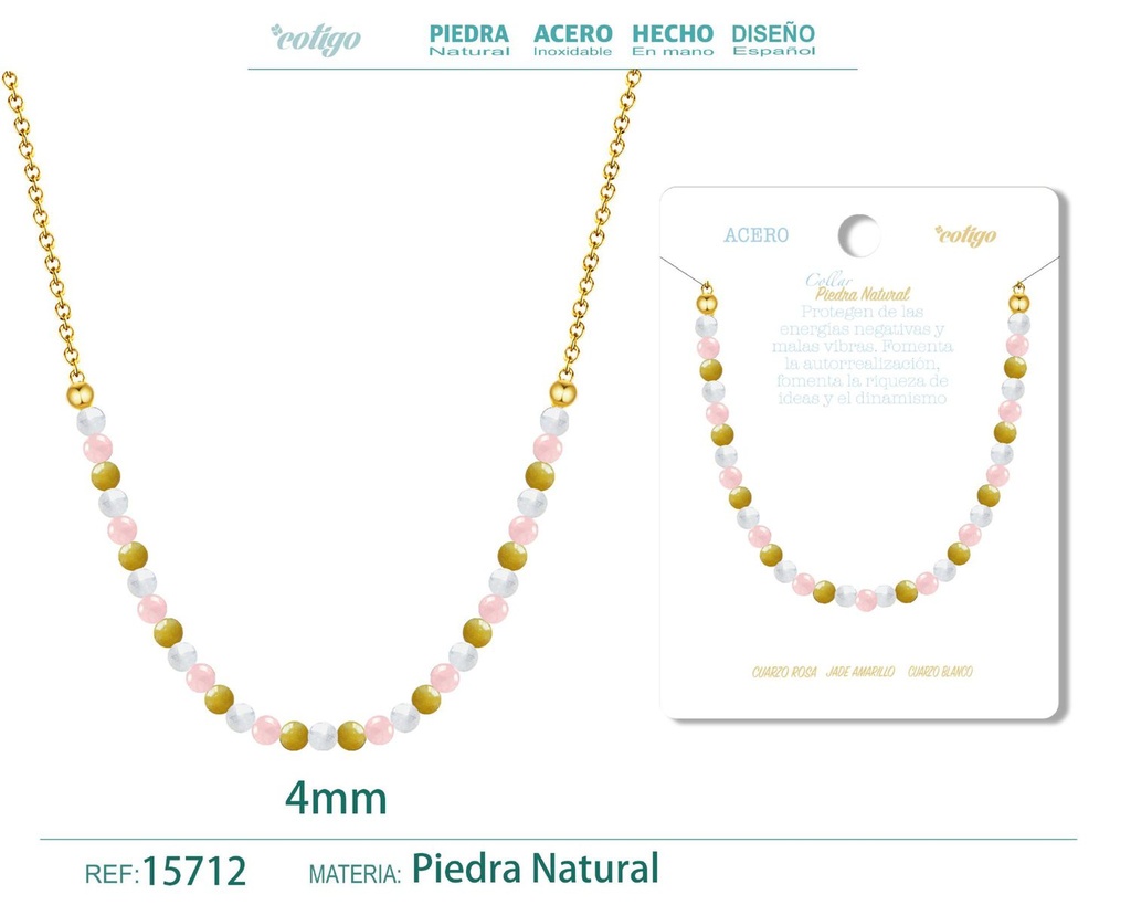 Collar de jade amarillo, cuarzo rosa y cuarzo blanco 4mm - Joyería de minerales y elegancia