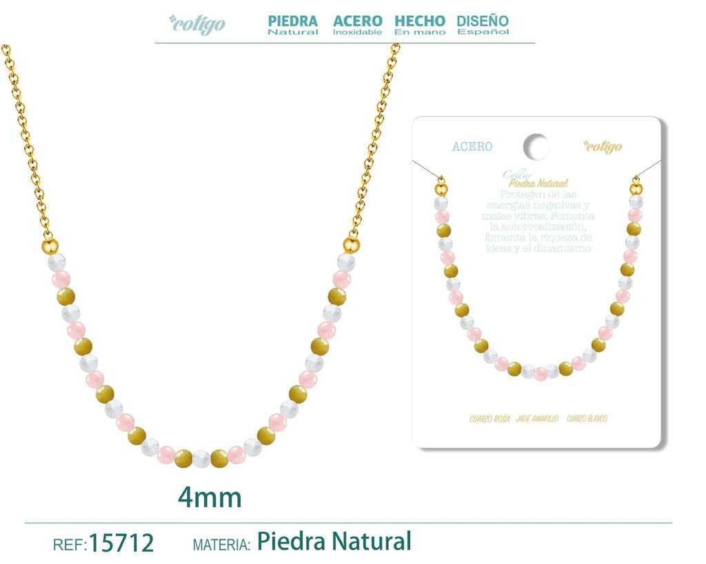 Collar de jade amarillo, cuarzo rosa y cuarzo blanco de 4 mm - Joyería de moda y collares