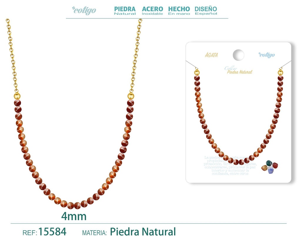 Collar de ágata 4 mm - Joyería de piedra natural y acero